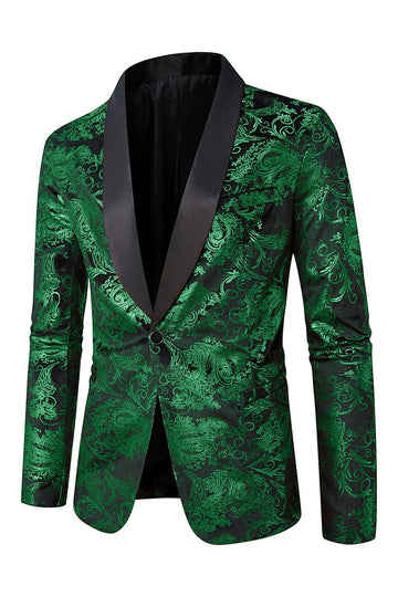 Green Shawl Lapel One Button Jacquard Men's Prom Blazer